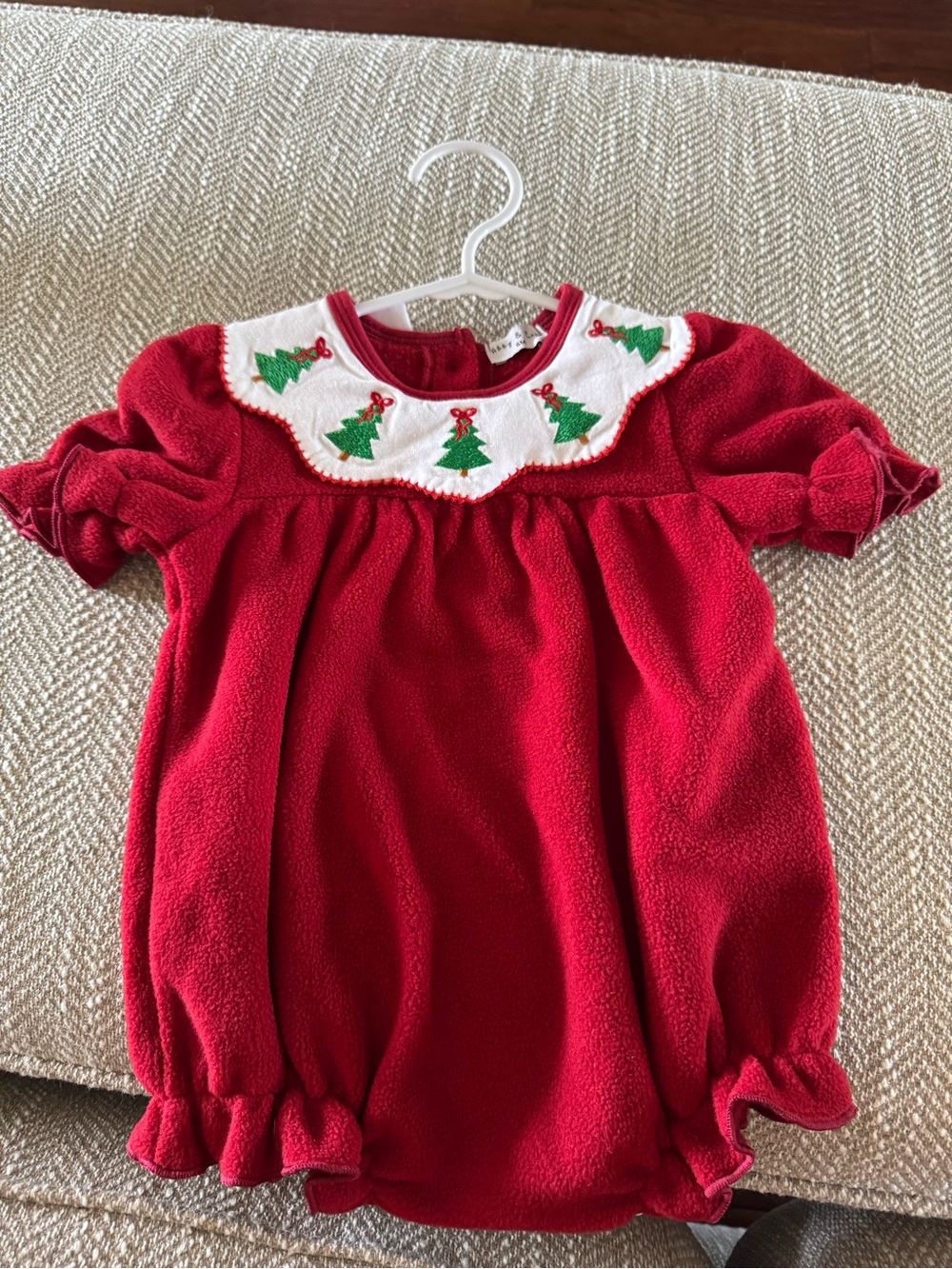 Classic Red Holiday One-Piece with Embroidered Trees